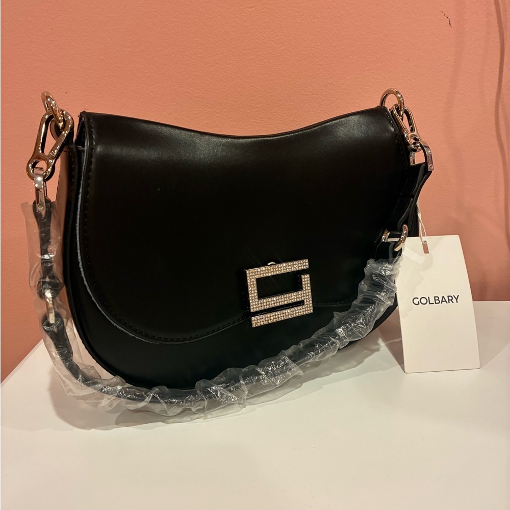 Black Shoulder Bag with Gold Accents